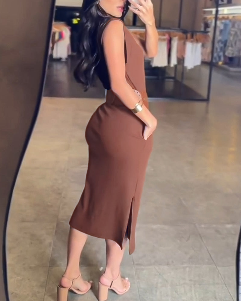 High Neck Sleeveless Side Slit Dress With Pocket(With Belt)