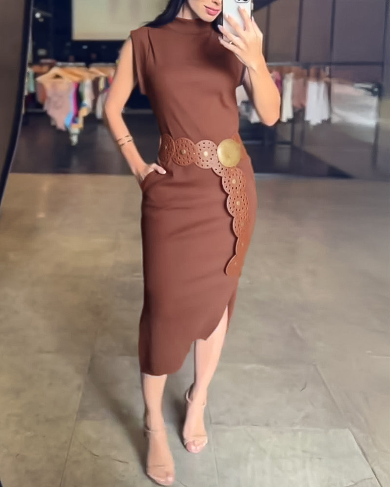 High Neck Sleeveless Side Slit Dress With Pocket(With Belt)
