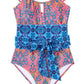Blue Geometric Print Hollow Out Knotted Waist One Piece Swimsuit