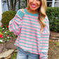 Pink Stripe Trimmed Round Neck Drop Shoulder Loose Sweater