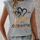Leopard Print Heart Pattern Cap Sleeve T Shirt Casual Loose Fit Tank Top