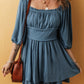 Real Teal Frilled Neckline 3/4 Sleeve Layered Ruched Mini Dress