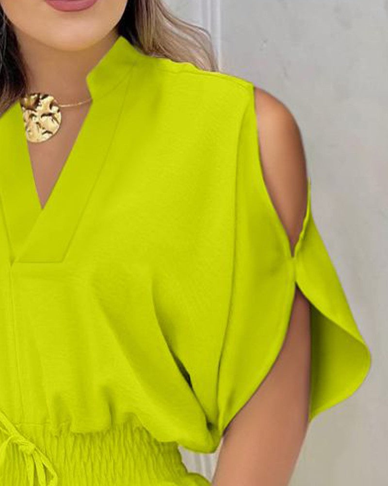 Cold Shoulder Drawstring Shirred Romper