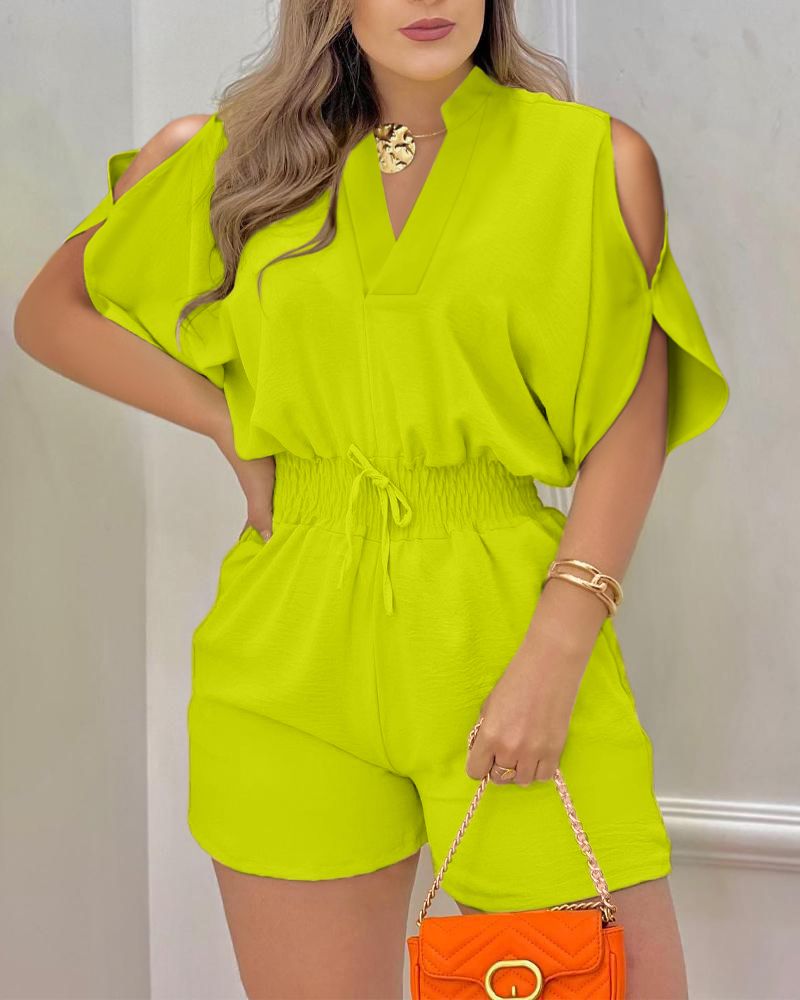 Cold Shoulder Drawstring Shirred Romper