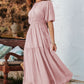 Pink Puff Sleeve Pleated High Waist Flowy Long Dress