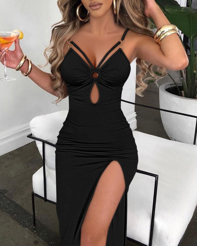 Casual Sleeveless Hollow Out Bodycon Dress Side High Slit Slim Fit Party Slip Dresses