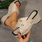 Beige Woven Buckle Decor Square Toe Chunky Wedge Slippers