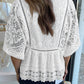 White Lace Crochet Hollowed Scallop Hem V Neck Blouse