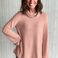 Pink Stripe Cowl Neck Side Slits Loose Fit Long Sleeve Top