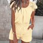 2 Pieces Outfit Round Neck Lace Short Sleeve Ruched Top and Casual Srechy Waist Shorts Set with Pockets