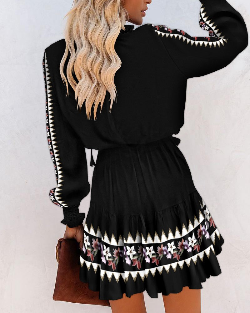 Floral Geometric Print V Neck Long Sleeve Mini Dress Ruffle Hem Tied Detail Casual Dress