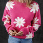 Bright Pink Daisy Flower Crew Neck Long Sleeve Sweater