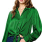 Dark Green Solid Color Flowy Balloon Sleeve Tie Front Buttoned Shirt