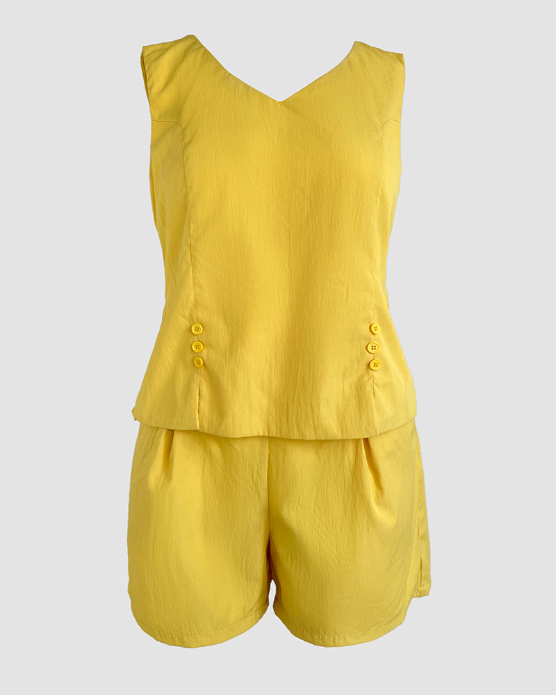 2 Pieces Outfit V Neck Sleeveless Tank Top and Casual Pockets Design Shorts Set