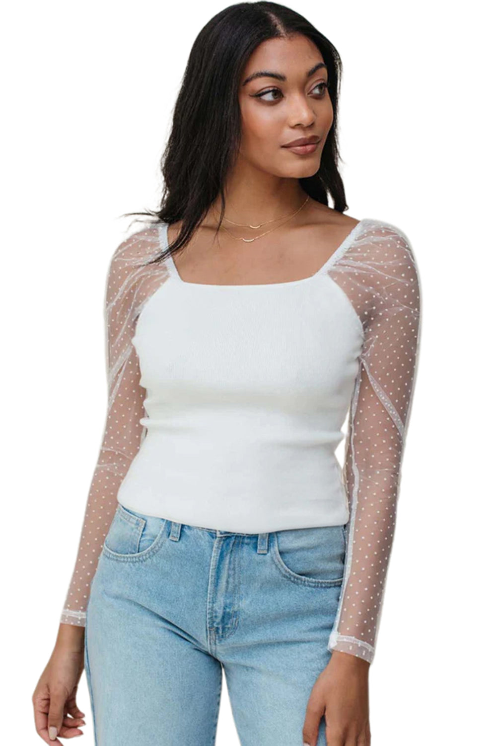 White Swiss Dot Mesh Long Sleeve Square Neck Slim Top