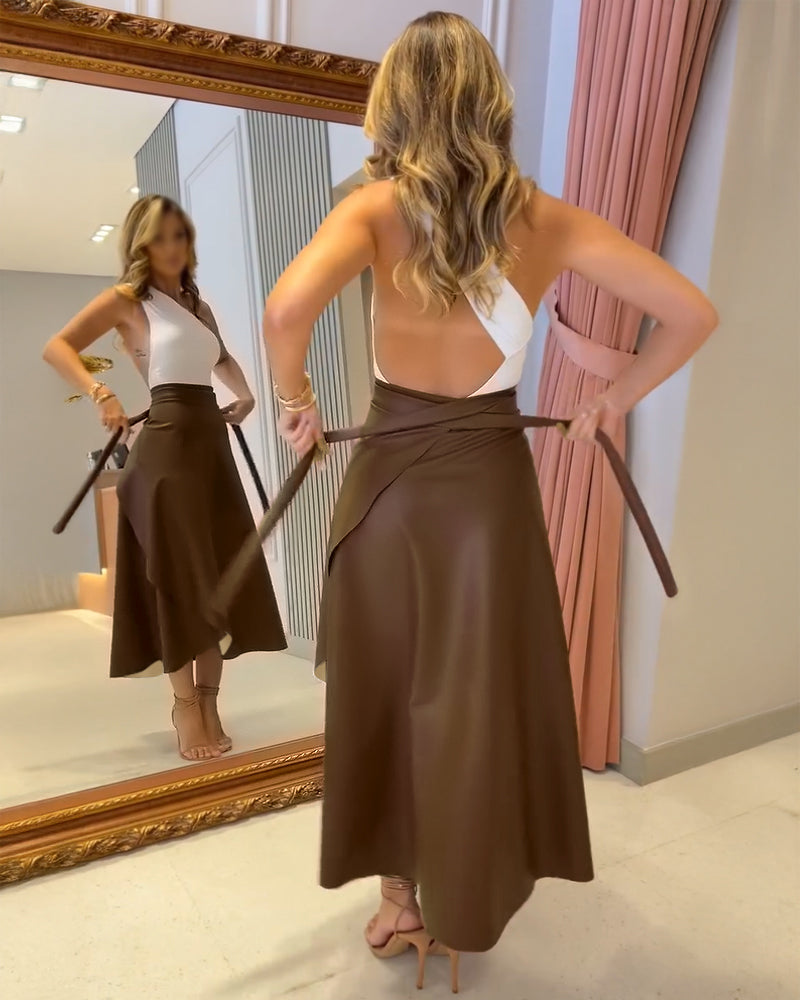 PU Leather Wrap Lace Up Casual Mid Length Skirt Work Skirt