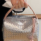Silvery Lattice Texture Corded Ball Decor Weaven Handle Cosmetic Bag