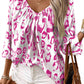 Rose Leopard Print Ruched V Neck 3/4 Sleeve Blouse