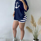 2 Pieces Outfit Anchor Print Round Neck Short Sleeve Casual Top and Striped Print Slim Fit Shorts Set