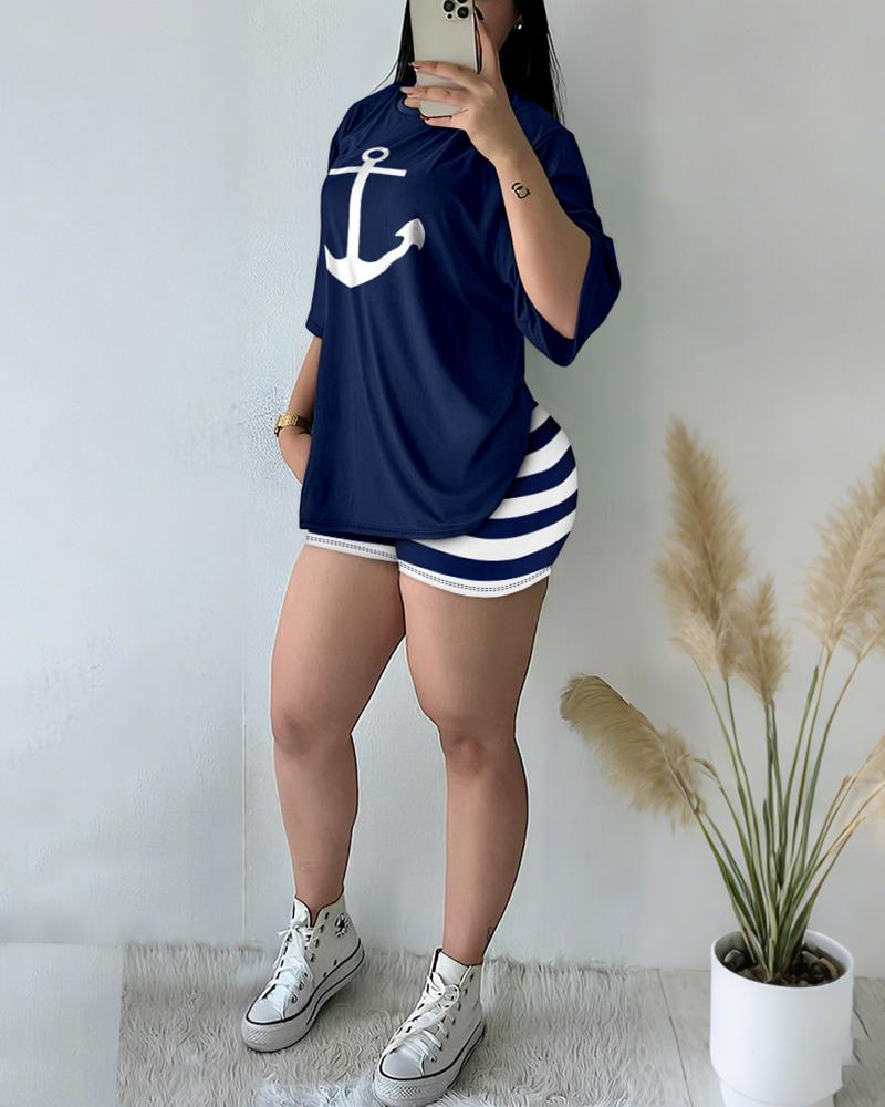 2 Pieces Outfit Anchor Print Round Neck Short Sleeve Casual Top and Striped Print Slim Fit Shorts Set
