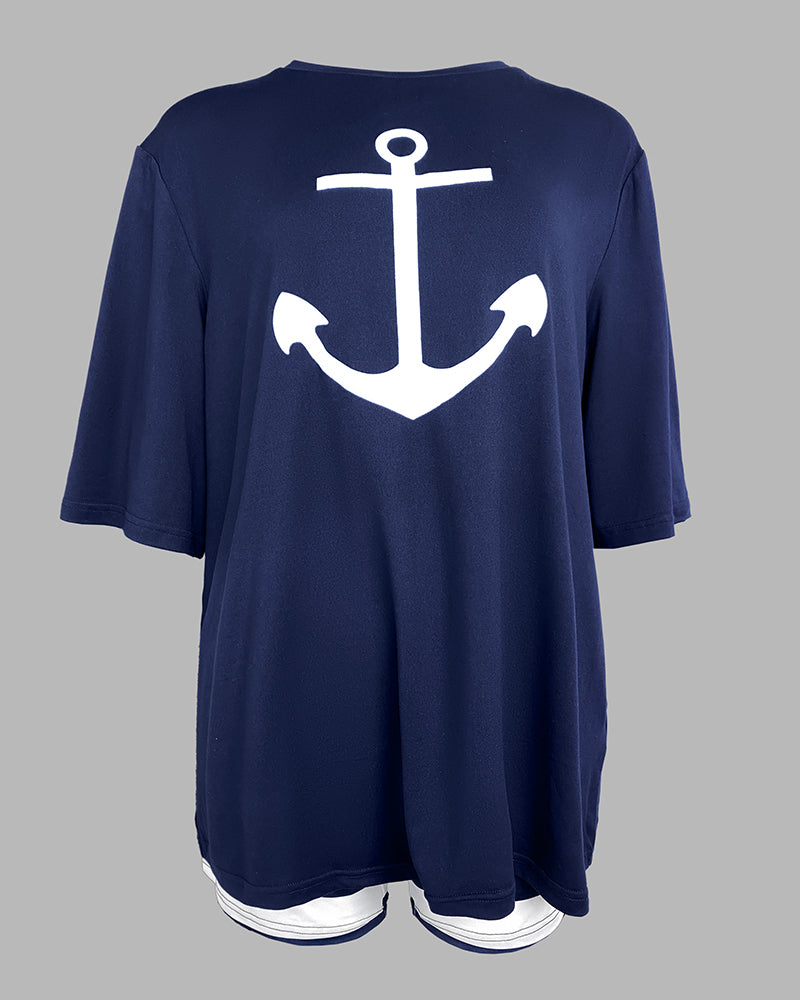 2 Pieces Outfit Anchor Print Round Neck Short Sleeve Casual Top and Striped Print Slim Fit Shorts Set