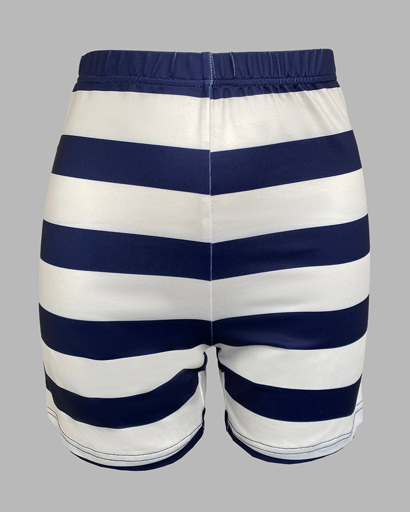 2 Pieces Outfit Anchor Print Round Neck Short Sleeve Casual Top and Striped Print Slim Fit Shorts Set