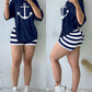 2 Pieces Outfit Anchor Print Round Neck Short Sleeve Casual Top and Striped Print Slim Fit Shorts Set