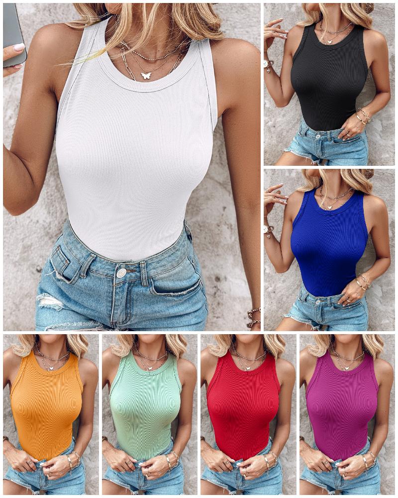 O Neck Sleeveless Basic Slim Fit Skinny Tank Casual Top(Without Pads)