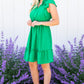 Bright Green Split V Neck Elastic Waist Ruffled Dress