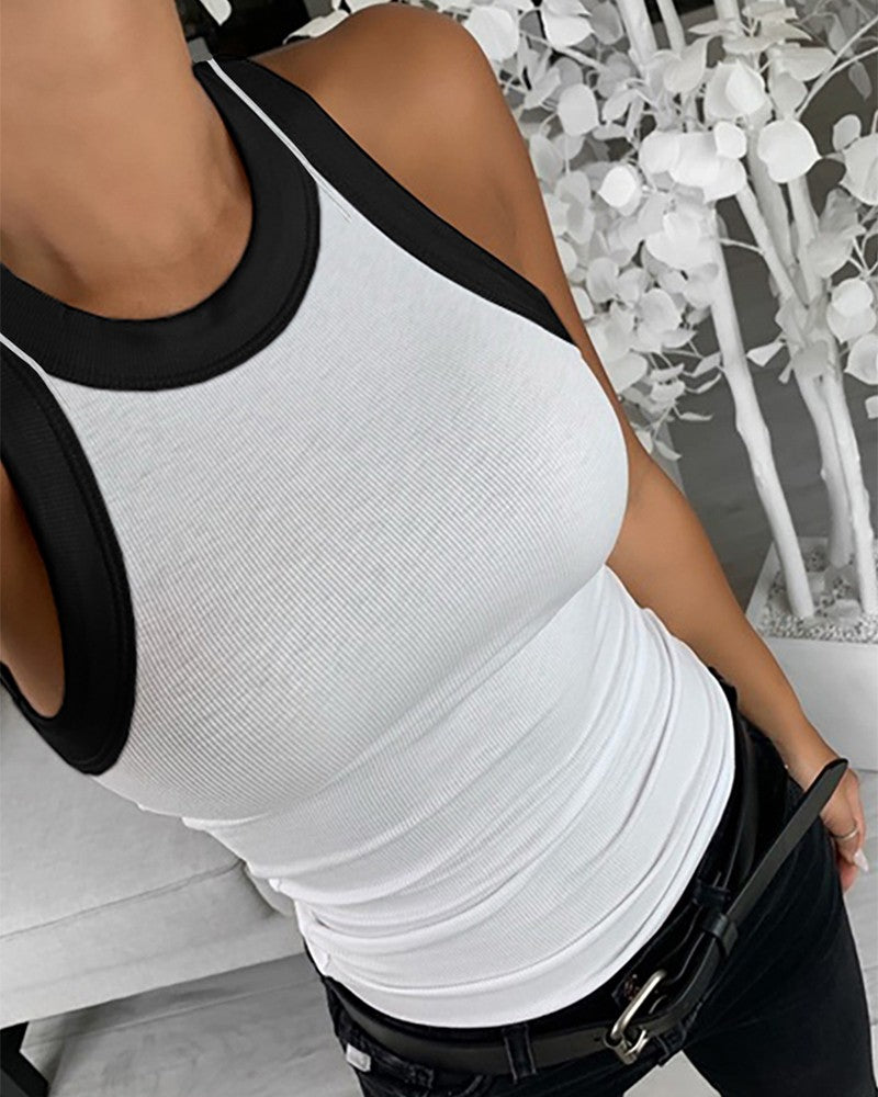 Contrast Binding Tank Tops Summer Sleeveless Basic Cami Top Shirt Slim Knit Ribbed Racerback Blouses