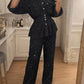 2 Pieces Glitter Stand Collar Three Quarters Sleeve Button Front Blouse and Casual Loose Fit Pants Set