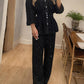 2 Pieces Glitter Stand Collar Three Quarters Sleeve Button Front Blouse and Casual Loose Fit Pants Set