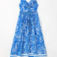 Blue Paisley V Neck Crisscross Backless Maxi Dress