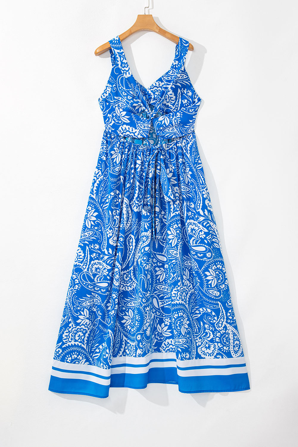 Blue Paisley V Neck Crisscross Backless Maxi Dress