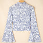 Sky Blue Floral Bell Sleeve Mock Neck Crop Mesh Top