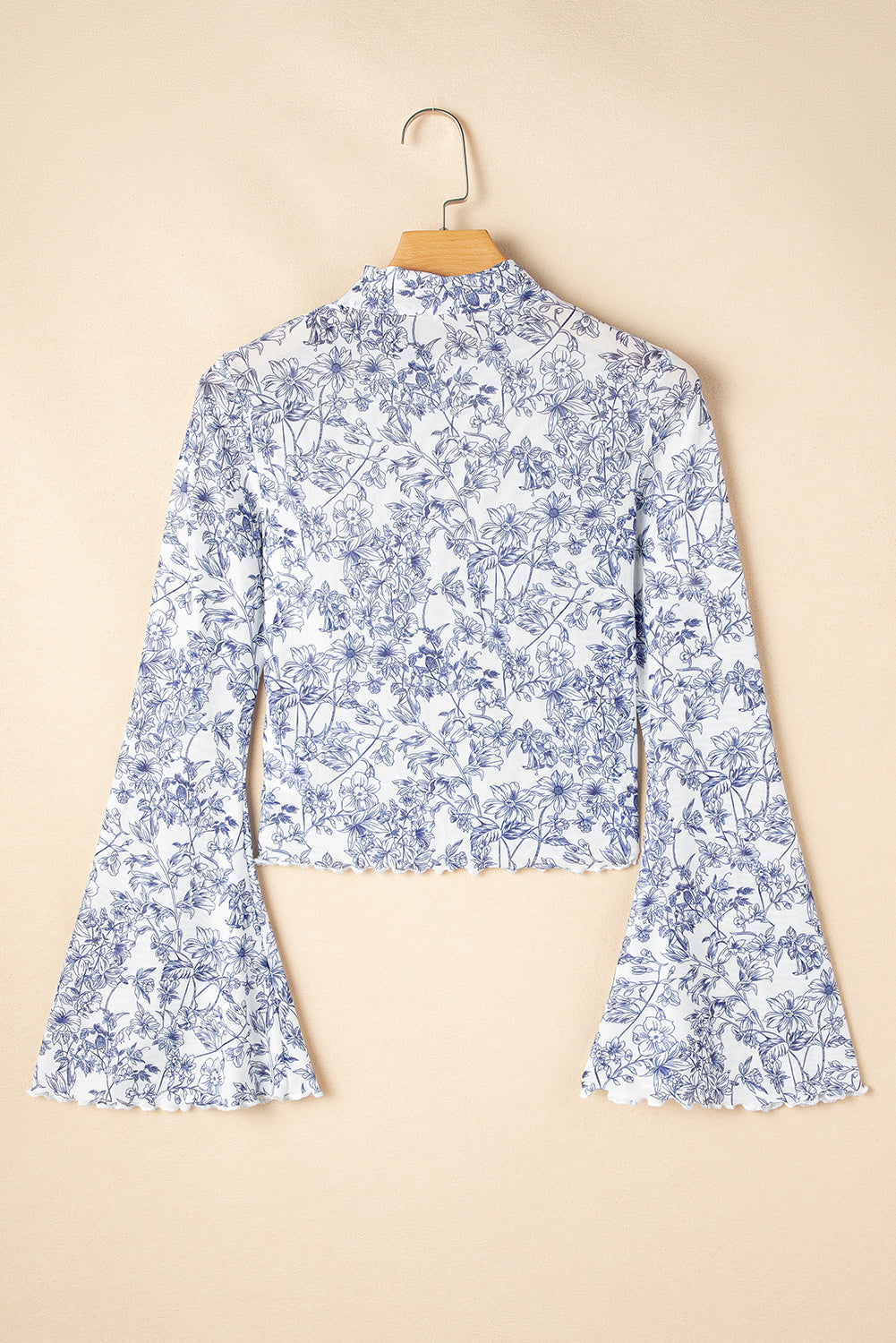Sky Blue Floral Bell Sleeve Mock Neck Crop Mesh Top