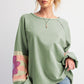 Smoke Green Flower Patchwork Raglan Sleeve Exposed Seam Oversized Top