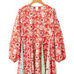 Red Colorful Floral Patchwork Long Sleeve Pleated Mini Dress
