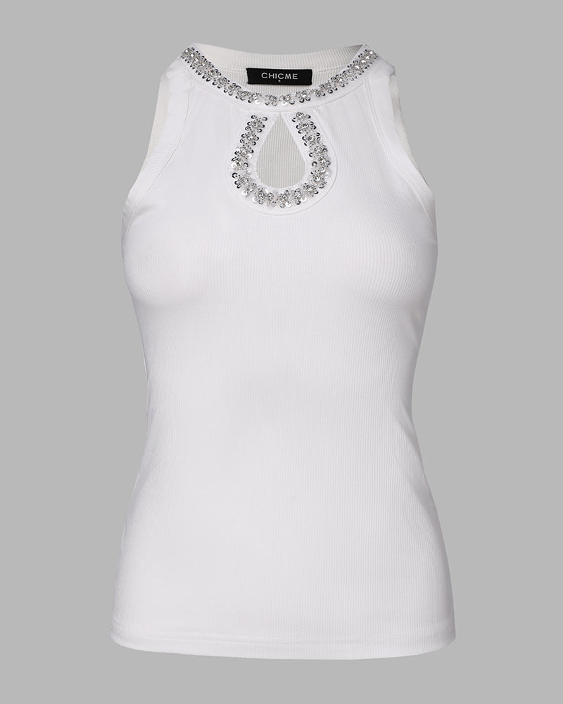 Rhinestone Contrast Sequin Keyhole Neck Sleeveless Slim Fit Elasticity Ribbed Top Elegant Tank