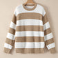 Light French Beige Colorblock Striped Drop Shoulder Side Slit Sweater
