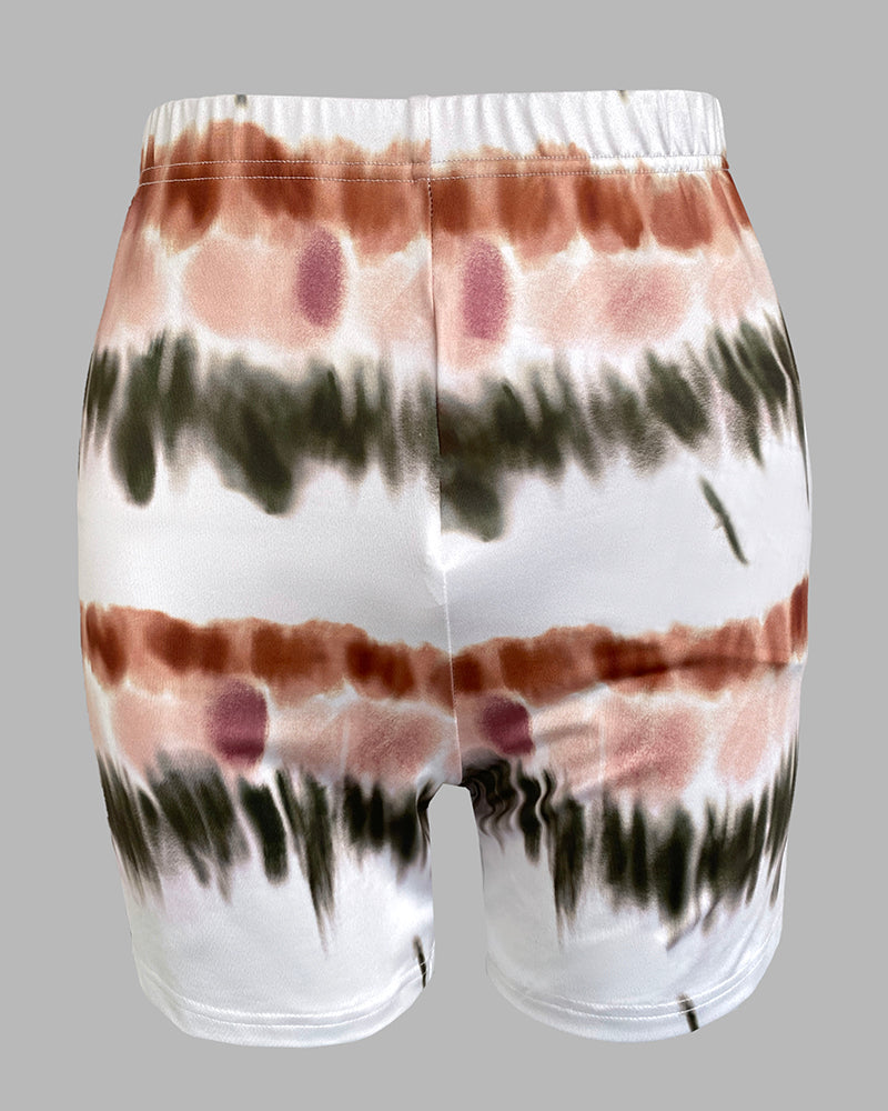 2 Pieces Outfit Letter Print Round Neck Short Sleeve Top and Casual Tie Dye Print Shorts Set