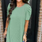 Mint Green Corded Knit Crew Neck Puff Sleeve Shift Mini Dress