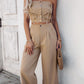 2 Piece Bandeau Sleeveless Shirred Tied Detail Front Button Top High Waist Wide Leg Pants Elegant Pants Set