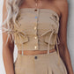 2 Piece Bandeau Sleeveless Shirred Tied Detail Front Button Top High Waist Wide Leg Pants Elegant Pants Set