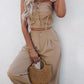 2 Piece Bandeau Sleeveless Shirred Tied Detail Front Button Top High Waist Wide Leg Pants Elegant Pants Set