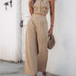 2 Piece Bandeau Sleeveless Shirred Tied Detail Front Button Top High Waist Wide Leg Pants Elegant Pants Set