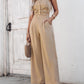 2 Piece Bandeau Sleeveless Shirred Tied Detail Front Button Top High Waist Wide Leg Pants Elegant Pants Set