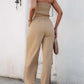 2 Piece Bandeau Sleeveless Shirred Tied Detail Front Button Top High Waist Wide Leg Pants Elegant Pants Set