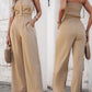2 Piece Bandeau Sleeveless Shirred Tied Detail Front Button Top High Waist Wide Leg Pants Elegant Pants Set