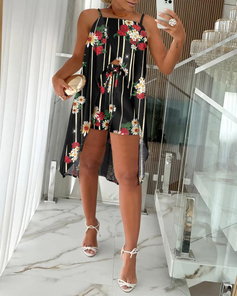2 Pieces Outfit Floral Print Halter Sleeveless Criss Cross Top and Casual Shorts Set